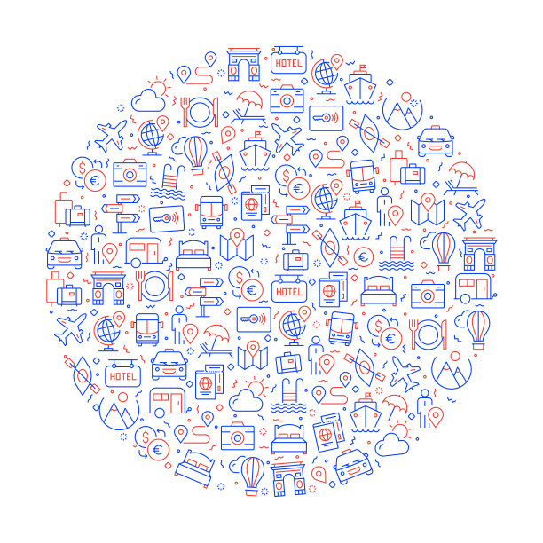 带有图标的旅游和旅游相关模式。现代线条风格矢量插图图片下载