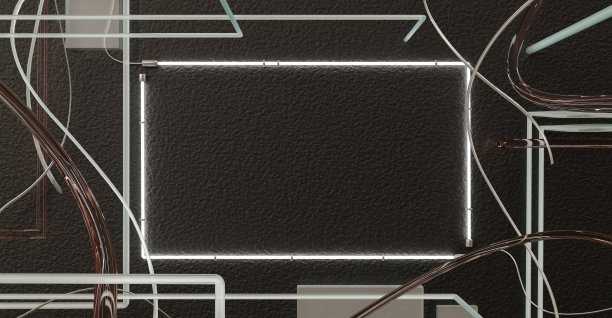 广场霓虹灯砖墙和框架招牌废弃的工厂旧仓库水泥墙上的霓虹灯砖墙上的文本框架旧背景3d插图图片下载