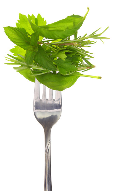 在白色透明的背景上，叉子上有各种新鲜的草药叶子，图片下载