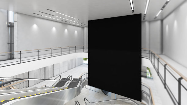 多层建筑购物中心大厅内的大型广告牌模型。, 3 d渲染图片下载