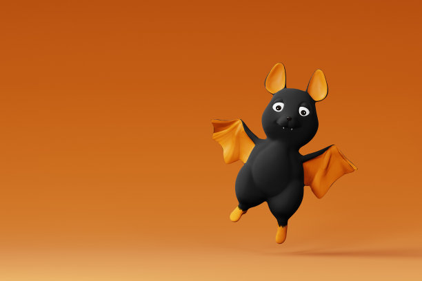 黄色背景上可爱的万圣节蝙蝠。三维渲染图片下载