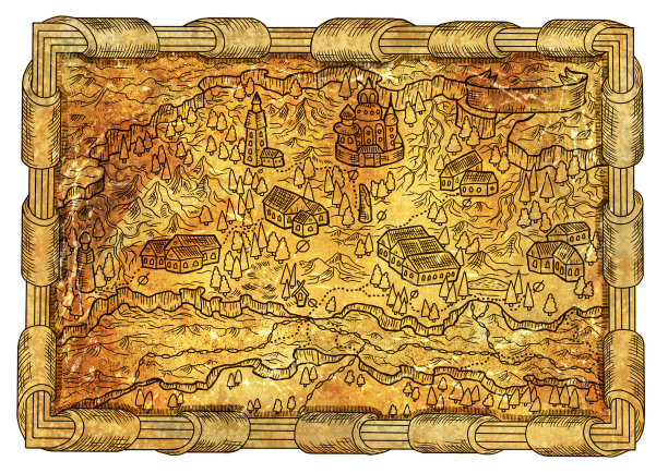 古老的幻想地图与中世纪未知的土地，城镇，山和树木和装饰框架对纹理纸背景。图形线条艺术插图，游戏概念图片下载
