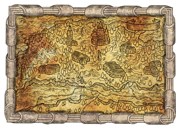 古老的幻想地图与中世纪未知的土地，城镇，山和树木和装饰框架对纹理背景。图形线条艺术插图，游戏概念图片下载
