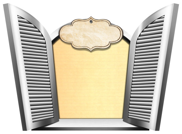 打开百叶窗的金属窗，空白衬纸和标签图片下载