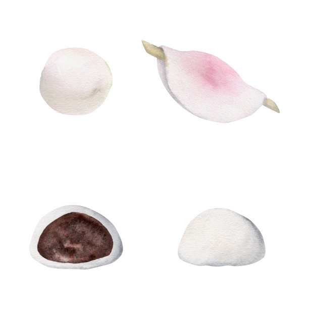 手绘水彩画的日本传统糖果。冬和、麻糬、花椒、山茶花。孤立在白色背景上。设计邀请，餐厅菜单，贺卡，印刷，纺织品图片下载