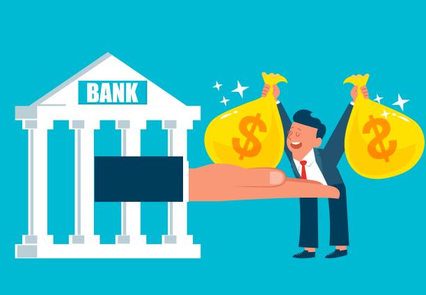 偿还贷款、税收或债务，银行储蓄业务，购买银行投资和金融产品，商人把他们的钱袋放在银行伸出的手上图片下载