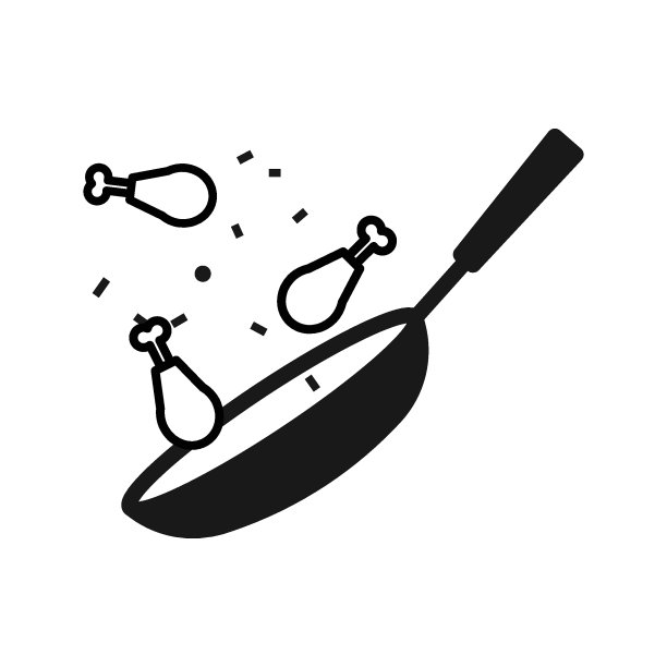 在锅里煮鸡。鸡肉和平底锅图标。图片下载