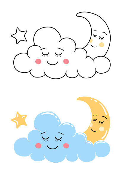 夜睡月云，卡通插画，可选两种图片下载
