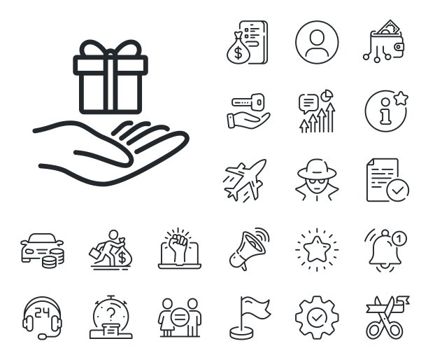 忠诚计划线路图标。礼品盒的标志。工薪族，性别平等，警铃响。向量图片下载