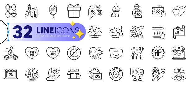 大纲集海山，飞机旅行和睡眠线图标。用于web应用程序。矢量图片下载