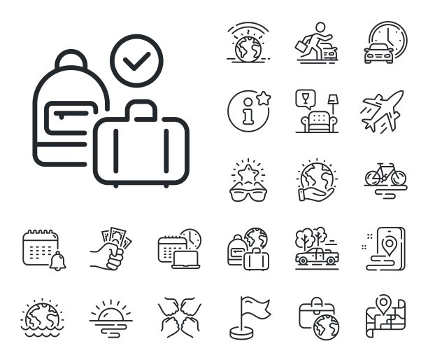 随身行李线图标。旅游手提袋标志。飞机、旅行地图和行李领取处。向量图片下载
