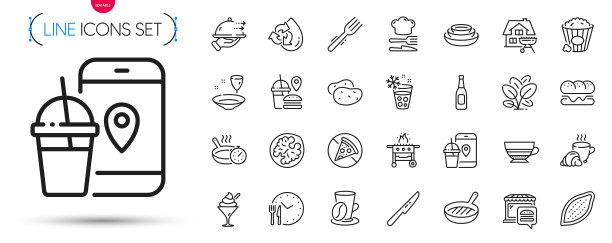 包装食品应用程序，食品配送和土豆线图标。象形图图标。向量图片下载