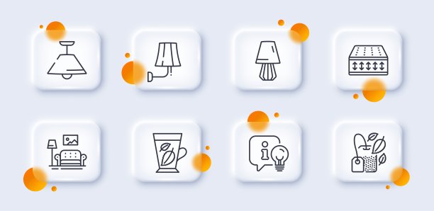 薄荷叶，灯和柔性床垫线图标包。用于web应用程序。3d玻璃按钮。向量图片下载