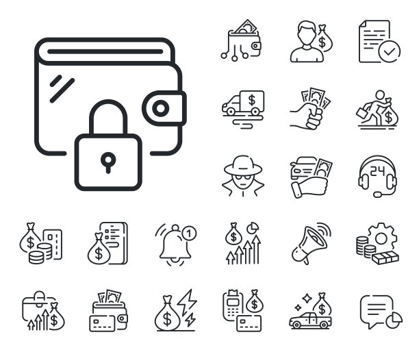 钱包线图标。带锁的钱包。现金、贷款和抵押。向量图片下载