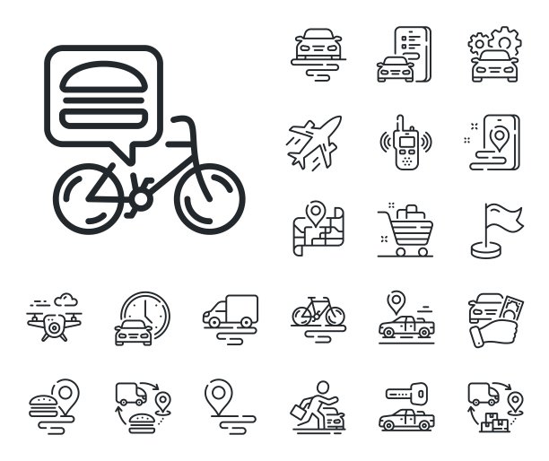 送餐自行车线图标。非接触式点餐标志。飞机，供应链和地点。向量图片下载
