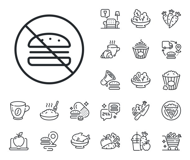 没有汉堡线图标。快餐店标志。可丽饼、甜爆米花和沙拉。向量图片下载