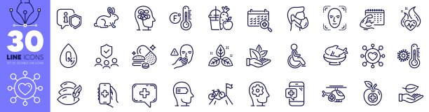 华氏温度计，医疗食品和叶线图标包。用于web应用程序。矢量图片下载