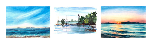 水彩画插图集彩色日落和日出在海上船只浮标码头游艇蓝天和大海手绘背景图片下载