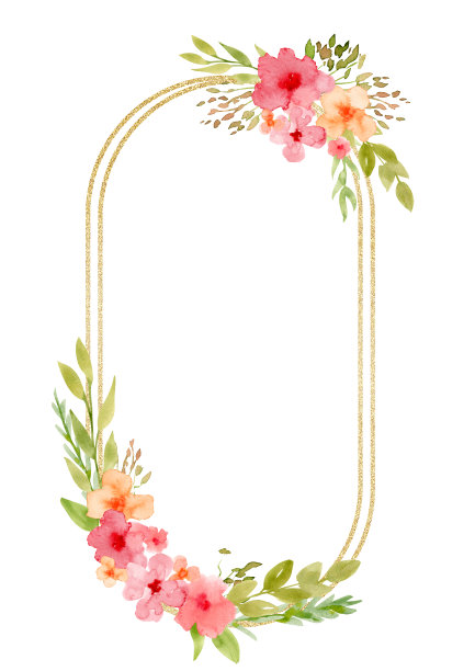 花卉框架，红色和黄色的花朵和金色的纹理。手绘水彩插图的植物模板贺卡或婚礼请柬。绘制孤立背景图片下载