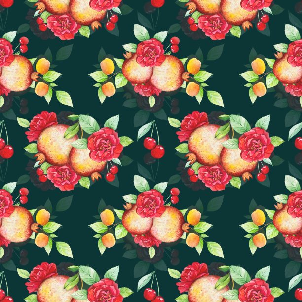 无缝花纹，石榴，红玫瑰。水彩图片下载