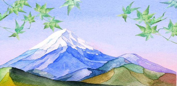 背景框架插图富士山水彩画图片下载