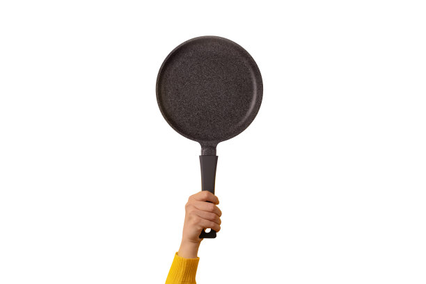 花岗岩锅在手中孤立的白色背景图片下载