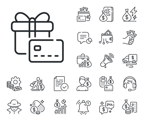 礼品卡线图标。银行卡标志。现金、贷款和抵押。向量图片下载