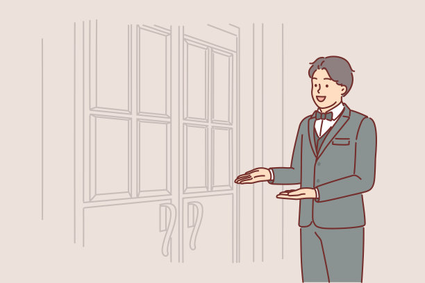 男服务员站在餐厅门口，邀请你进入，并对客人说欢迎图片下载
