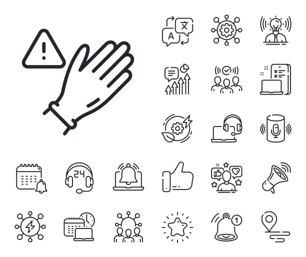 不戴手套不要触摸线条图标。手部警告标志。放置位置，技术和智能扬声器。向量图片下载