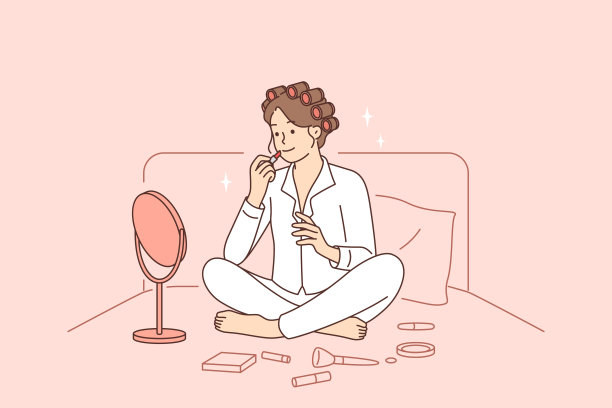 女人一大早坐在床上化妆，对着镜子画嘴唇图片下载