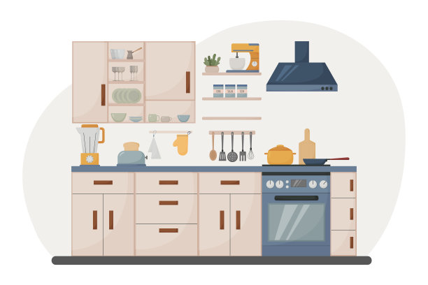 现代厨房内部，平面风格，家具，盘子，电器，毛巾，炉子，搅拌机，搅拌机，酒杯，马克杯，烤面包机，矢量插图图片下载