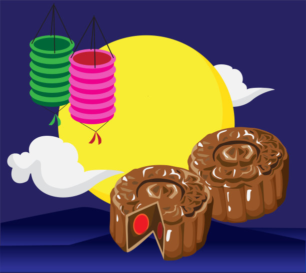 圆月下的月饼和灯笼图片下载