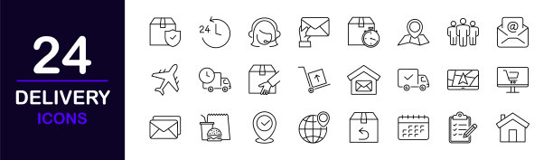 交付服务网页图标集。配送和物流-简单的细线图标收集。包含航运，订单跟踪，仓库，卡车，快递，货物等。简单的网页图标集图片下载