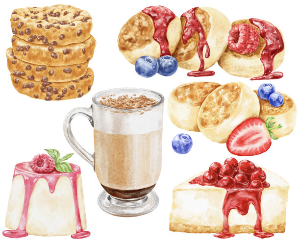 饼干和蛋糕与咖啡甜点食品插图。图片下载