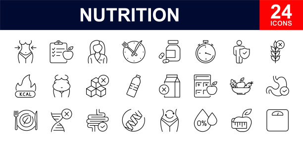 营养网页图标集。健康食品-简单的细线图标集合。含有排毒、减肥、脂肪、蛋白质、蔬菜、水果、碳水化合物、糖等。简单的网页图标集图片下载