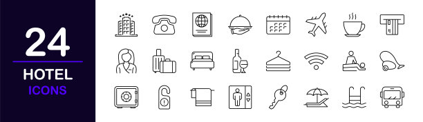 酒店网站图标集。酒店和度假-简单的细线图标集合。包含酒店服务、放松、旅行、服务、客房、预订、设施等。简单的网页图标集图片下载