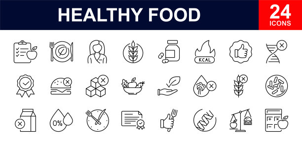 健康食品网站图标集。有机食品-简单的细线图标集合。麸质乳糖，无糖，非转基因，棕榈油，饮食等等。简单的网页图标集图片下载