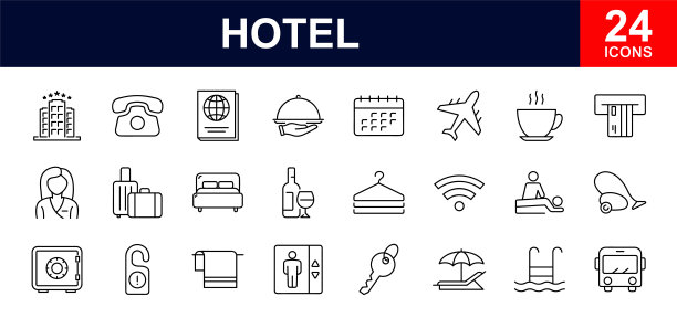 酒店网站图标集。酒店和度假-简单的细线图标集合。包含酒店服务、放松、旅行、服务、客房、预订、设施等。简单的网页图标集图片下载
