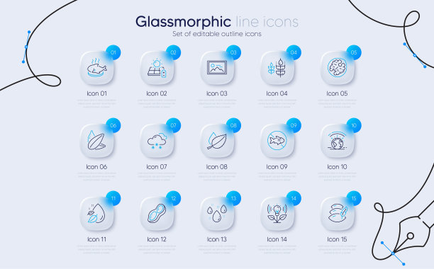 一套鱼菜，阴雨天气和太阳能电池板线图标的web应用程序。象形文字图标。向量图片下载