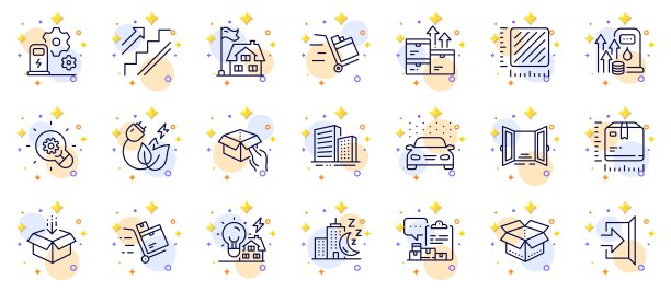 概述一套库存推车，平方米和推车线图标的web应用程序。象形图标。向量图片下载