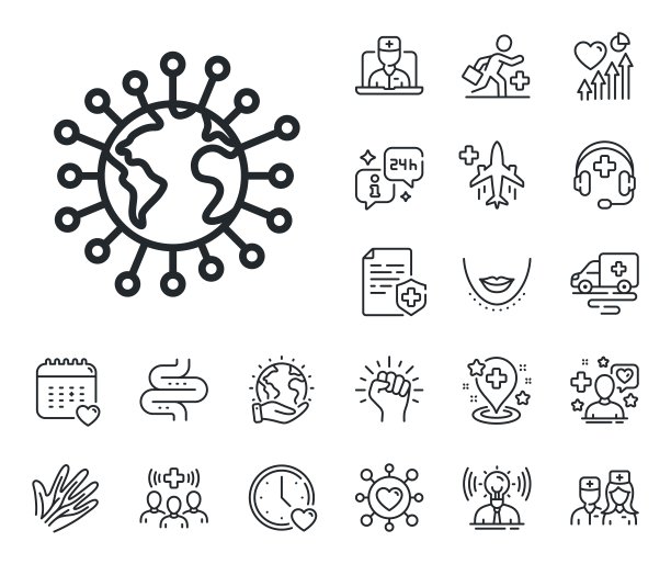 冠状病毒大流行线图标。Covid-19全球病毒迹象。网上医生，病人和药品。向量图片下载