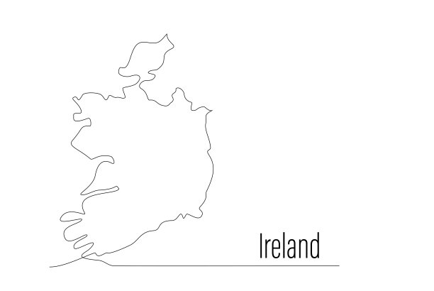 爱尔兰地图单线连续绘制。国家一线爱尔兰等高线地图，形状的国家。欧洲国家的地图轮廓，在欧盟国家。国家绘图可编辑笔画。向量图片下载