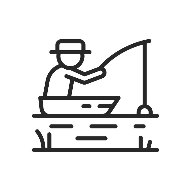 渔民在船上的图标。矢量轮廓可编辑的标志垂钓者捕捉鱼与鱼竿。户外钓鱼冒险线性最小插图。图片下载