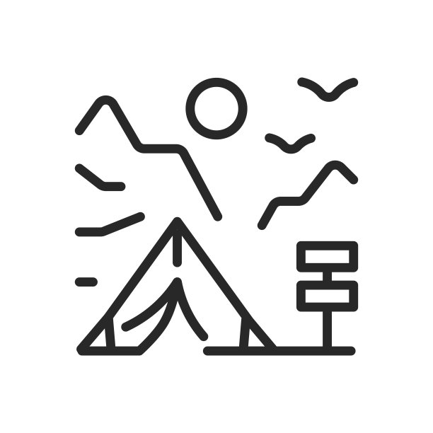 营地视图图标。矢量轮廓与露营地帐篷风景景观的可编辑标志。线性最小露营插图。图片下载