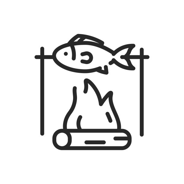 火炸鱼图标。矢量轮廓可编辑的标志鱼串在篝火上。线性最小插图美味的户外烤海鲜美食。图片下载