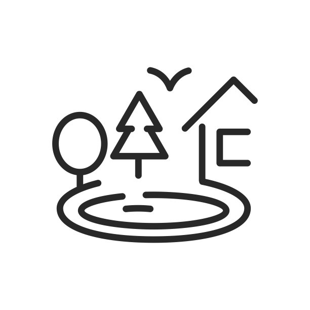 湖景屋图标。矢量轮廓可编辑的标志，说明了一个木屋在树林里的自然之旅。线性最小插图。图片下载