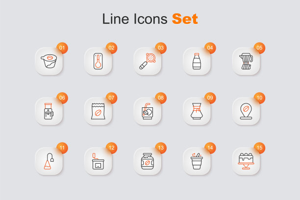 设置线蛋糕，咖啡杯去，罐子瓶，手动咖啡研磨机，茶包，位置与豆，倒在制造商和意大利浓咖啡汤力图标。向量图片下载