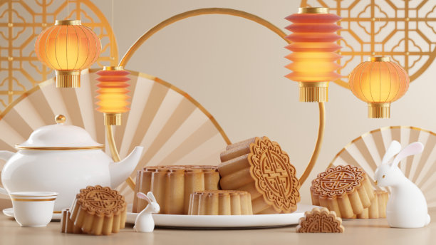 3D渲染中秋节假期或中国新年，中国节日，灯笼，花，月亮，兔子，月饼，茶壶和亚洲元素为背景。图片下载