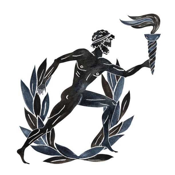 古希腊运动员手持火炬和桂冠的构图。具有古希腊绘画艺术的风格。手绘水彩插图。用于印刷品，明信片，印刷品和纺织品。图片下载