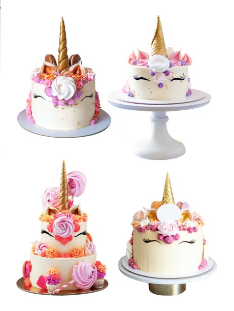 美丽的独角兽蛋糕与金色的角，睫毛和奶油奶酪霜隔离在白色背景，png图片下载